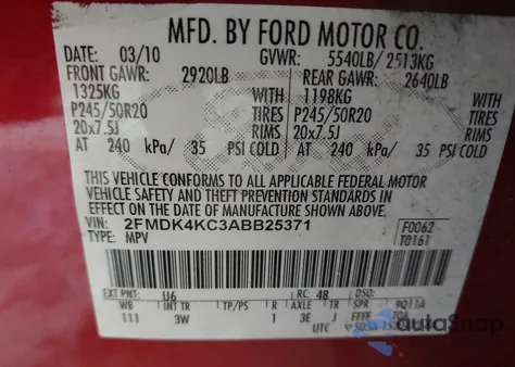 2010 Ford Edge Limited from USA, damaged, VIN 2FMDK4KC3ABB25371